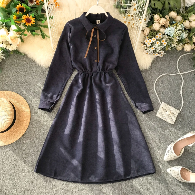 

French Style Vintage Dress Fall Autumn Women Dress 2019 New Polo Collar Ribbon Bow Elegant Female Shirt Dress