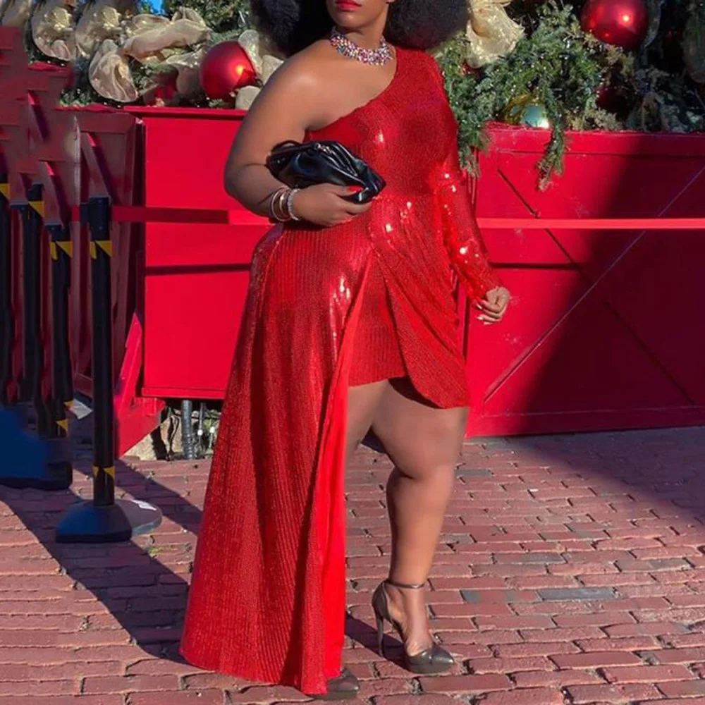 

Sexy Red Bodycon Bandage Party Dress One Shoulder High Wiast Asymmetrical Sequined Elegant Evening Night Wedding Dresses Vestido