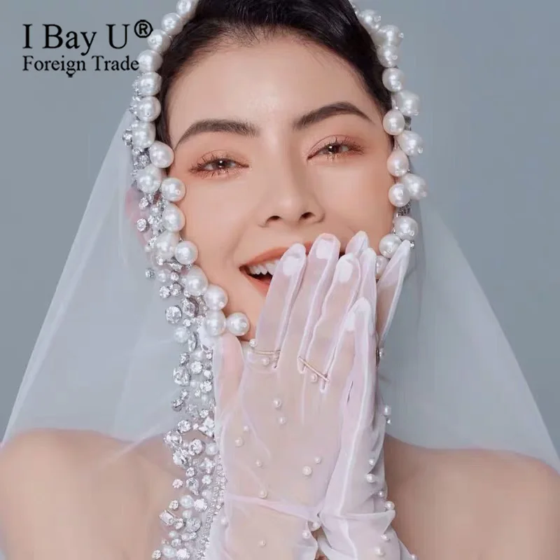 Роскошная длинная стразы свадебная фата с искусственным жемчугом блестящая Фата