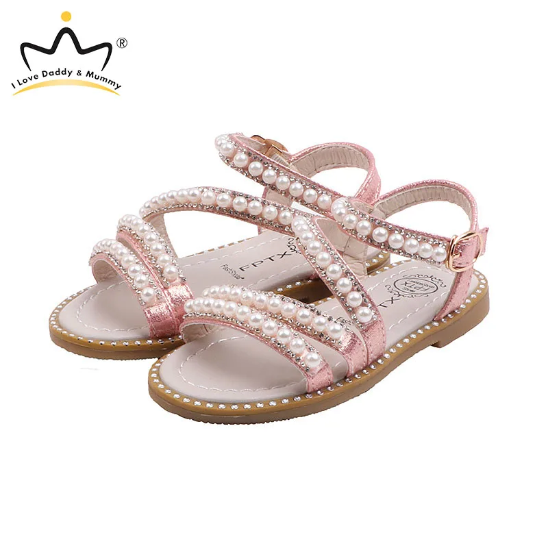 Кожаные сандалии для девочек летняя детская обувь с блестящими жемчужинами