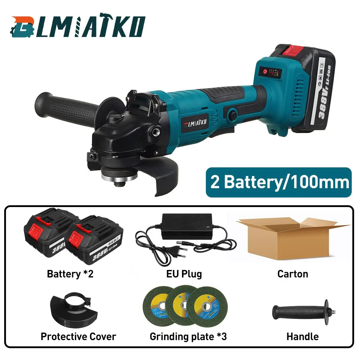 

BLMIATKO 100mm 125mm Cordless Angle Grinder 388V Lithium-Ion Battery Cutting Polishing Machine Electric Angle Grinder Power Tool