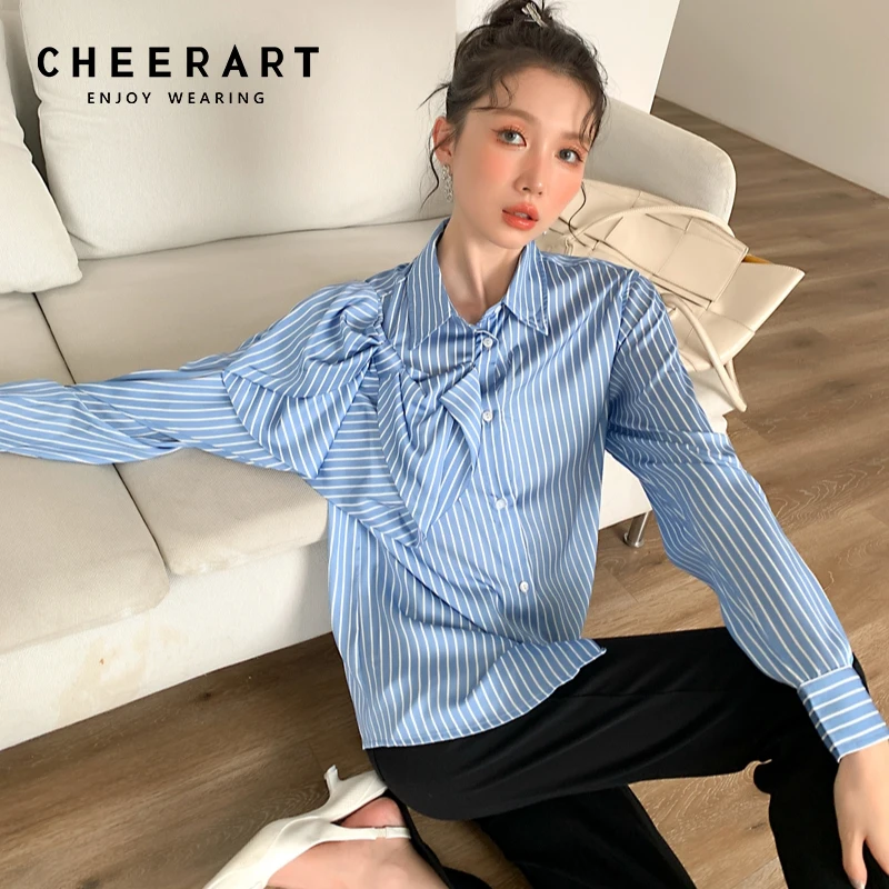 

CHEERART Blue Striped Bow Long Sleeve Button Up Shirt For Women Fall 2021 Korean Fashion Trendy Ladies Top And Blouse Clothing