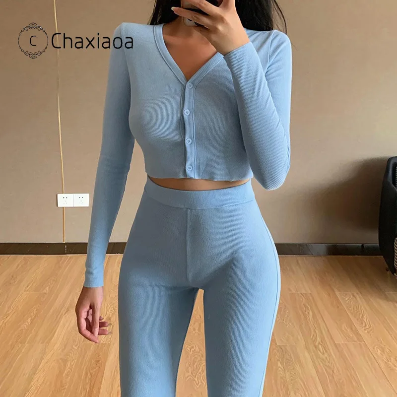 CHAXIAOA Укороченный кардиган с длинным рукавом и брюки комплект из двух предметов