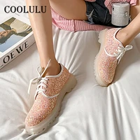coolulu 2021 spring flat platform shoes women lace up round toe flat casual shoes fashion bling female footwear gold big size 43