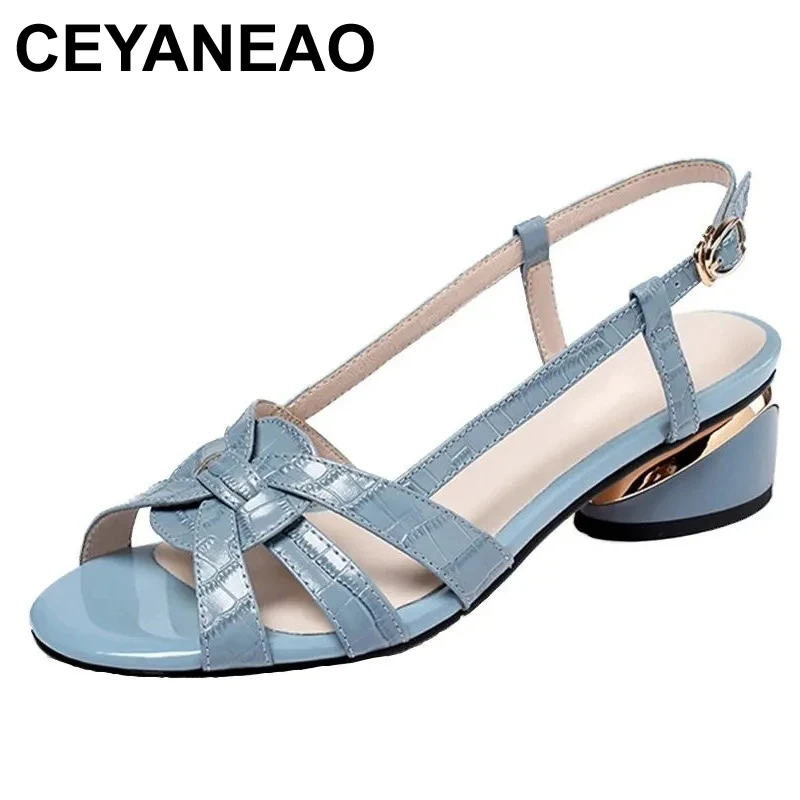 

CEYANEAO Summer Women Sandals New Comfort Low Heel Buckle Strap Sandals Open Toe Woman Genuine Leather Fashion Non-Slip Office