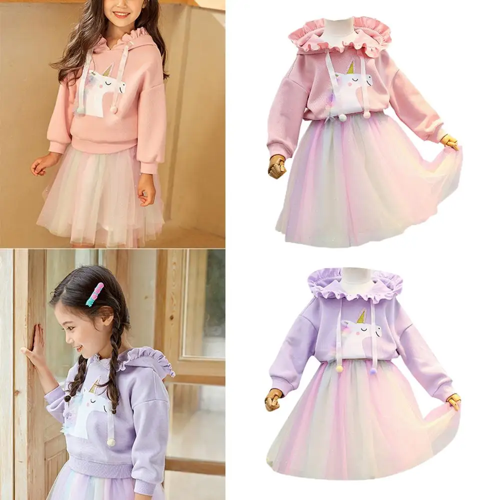 

Princess Infant Kids Girls Clothes Sets Fashion Cartoon Print Long Sleeve Pullover Hooded Tops Lace Tutu Skirts 2-7Y