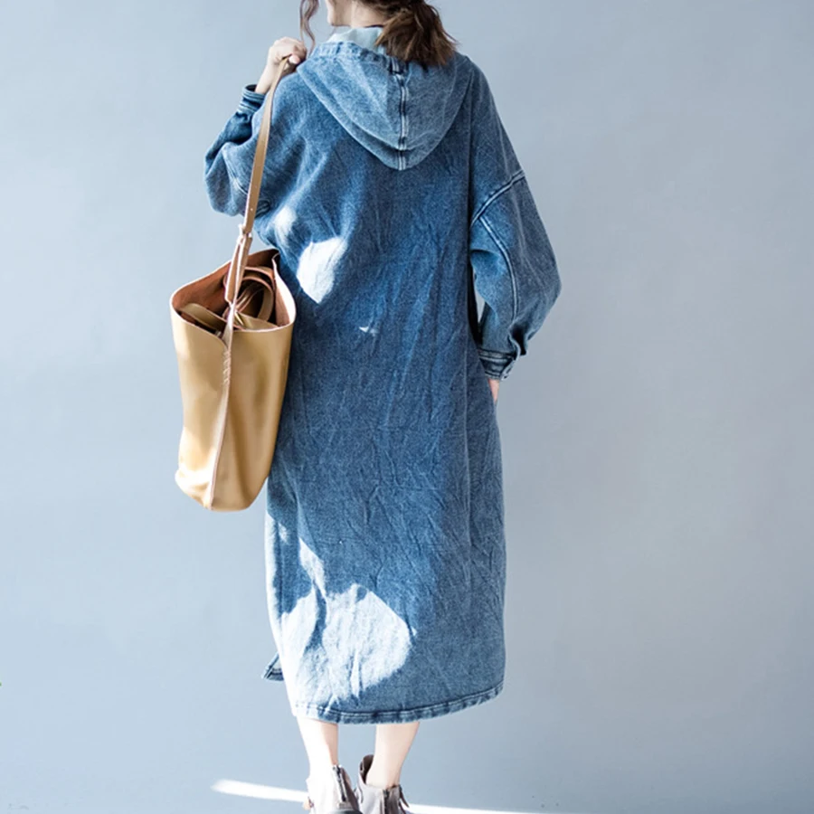 Fashion Oversized Hooded Denim Dress Women Casual Long Sleeve Loose Black Autumn Winter Dresses Female | Женская одежда