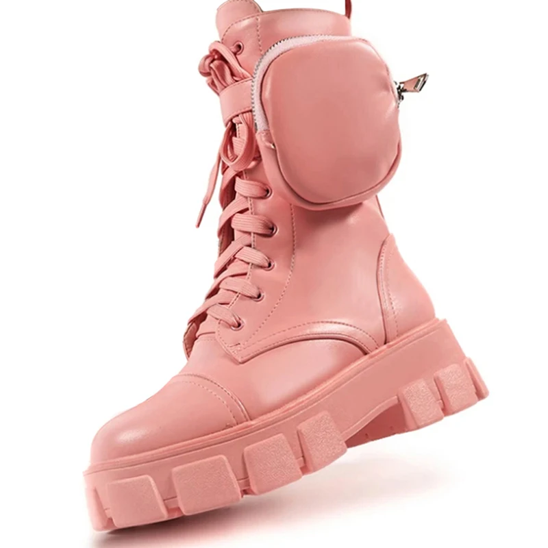 

Winter Fashion Motorcycle Boots Wedges Flat Boots Woman High Heel Platform PU Leather Boots Lace Up Women Shoes Black Booties