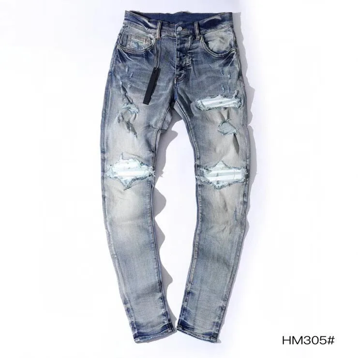 DISCOUNT men white pu leather ribbed patch stretchy skinny distressed  indigo jeans HM305