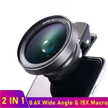 Universal Mobile Phone 15X Marco Lens 4K HD 0.6X Super Wide Angle Camera Lens For Smartphone Iphone Samsung Lentes Para Celular