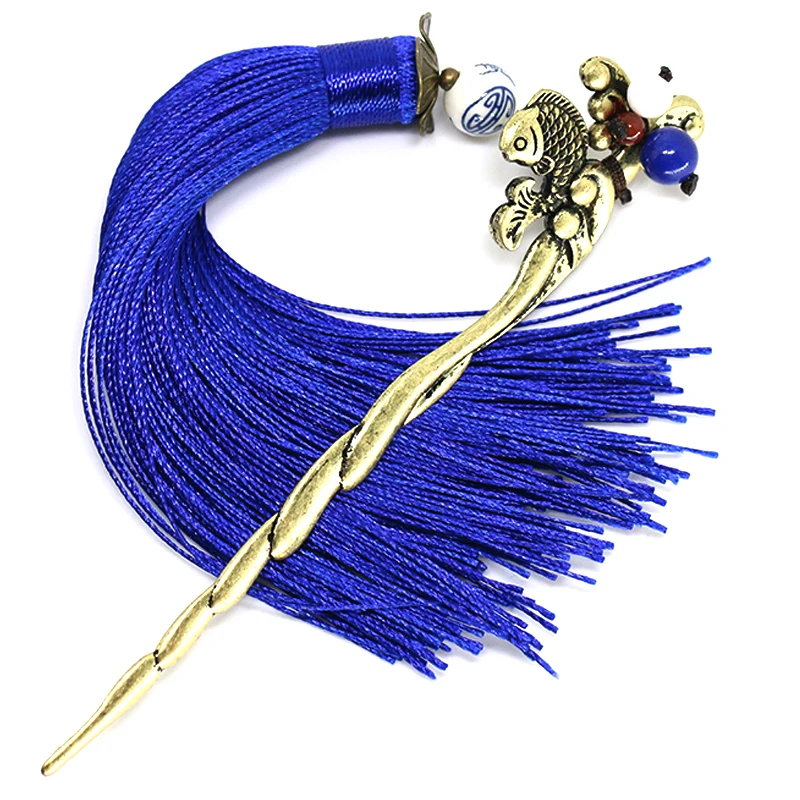 Этнические золотые рыбьи шпильки для волос с синей кисточкой винтажные