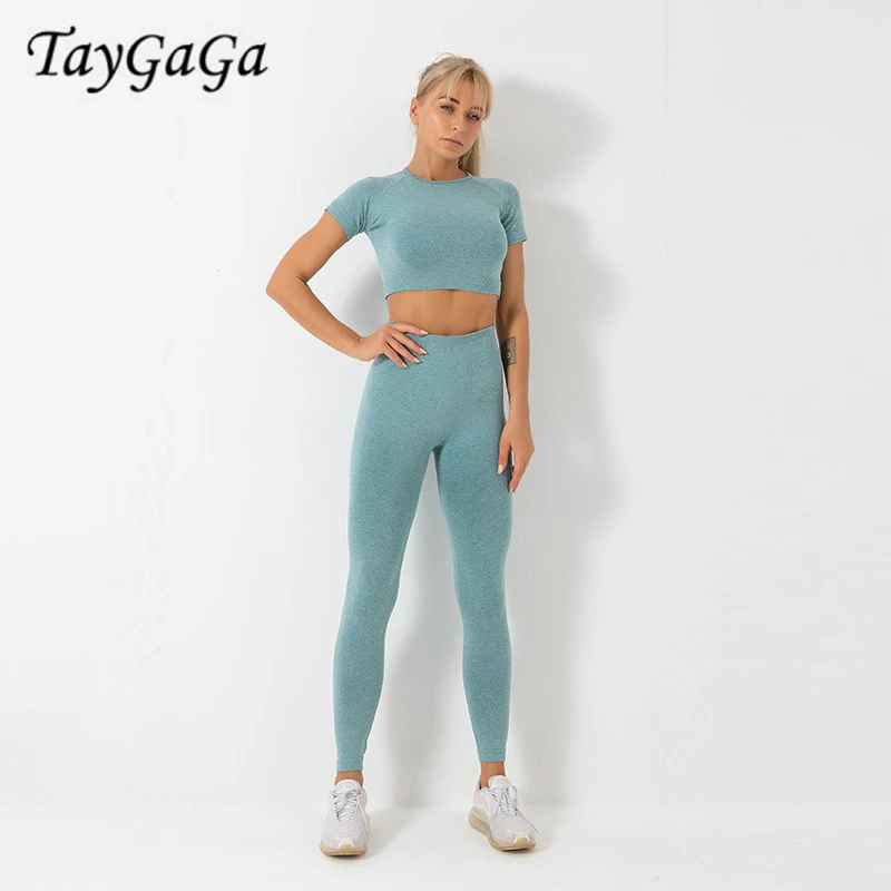 

Taygaga комплект из двух предметов для женщин 2022 новый женский костюм бесшовные быстросохнущие леггинсы стрейч с коротким рукавом и высокой та...