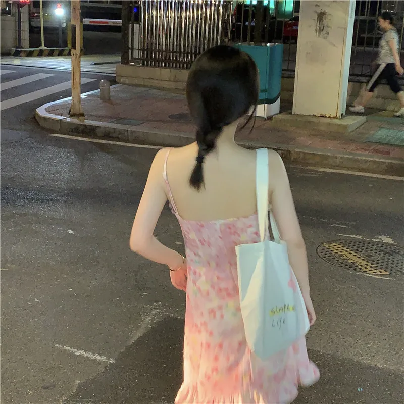 

OLOMLB Summer Kawaii Print Dress Sweet Sexy Style Party Strap Dress Y2k High Street Korean Beach New Dresses For Women 2021