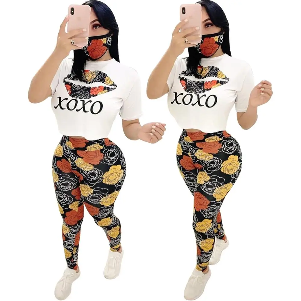 

European casual lip letter print two piece fashion fit o-neck short sleeve T-shirt and pants women's suit