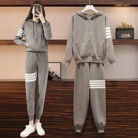2021 autumn new hooded knitted casual sports suit striped stitching knitted suit womens sportswear two piece womens clothing