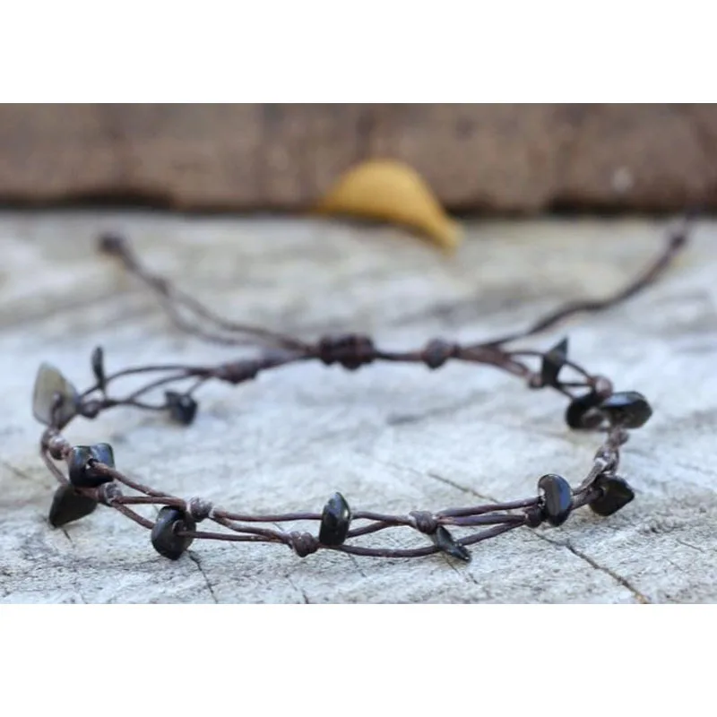 

Простой Черный обсидиановый чип камня Регулируемый унисекс Многослойный кожаный браслет на ногу