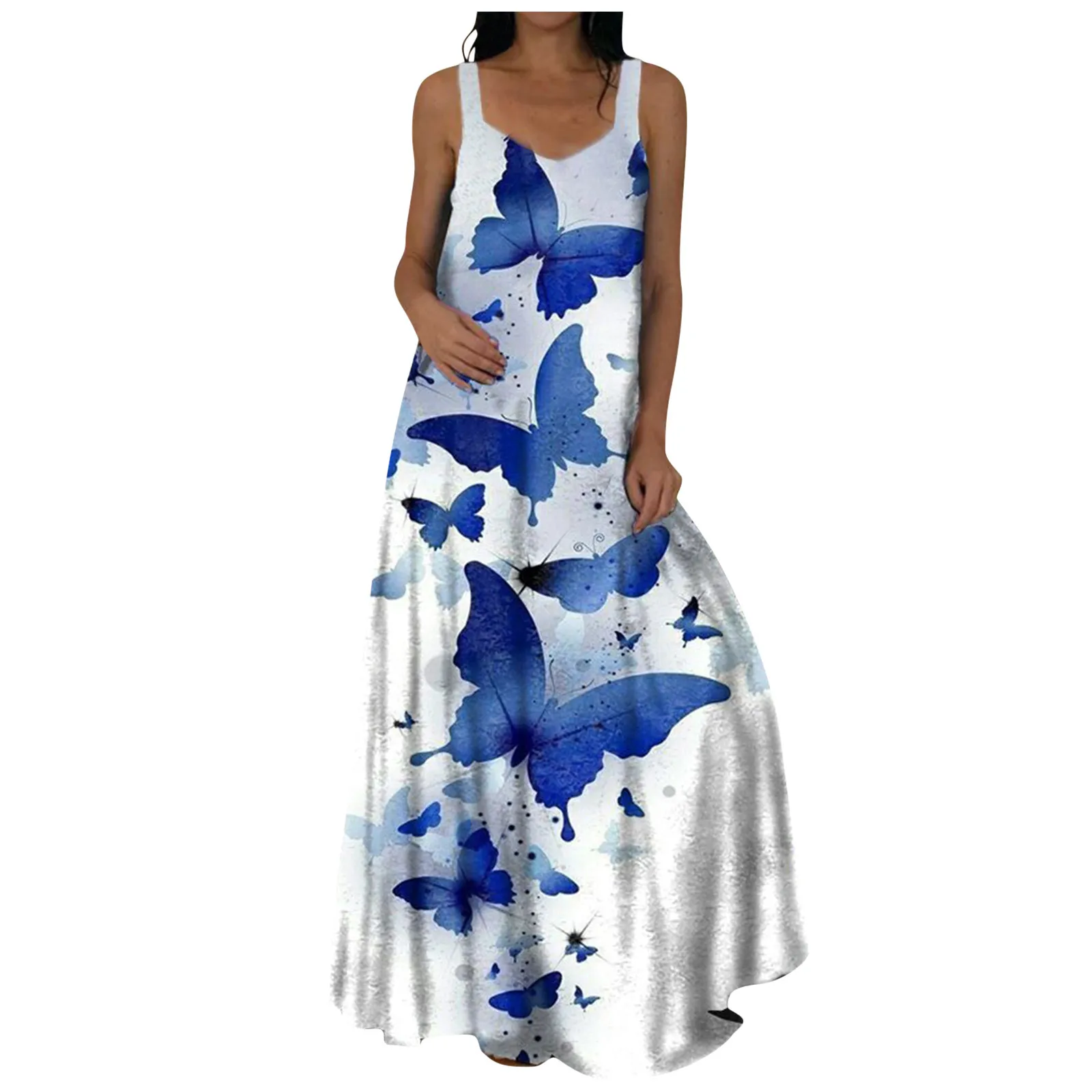 

40# Butterfly Print Tank Dress 2021 Vintage Backless Sleeveless Long Maxi Dress Bohemia Floor Length Dress Casual Robe Femme
