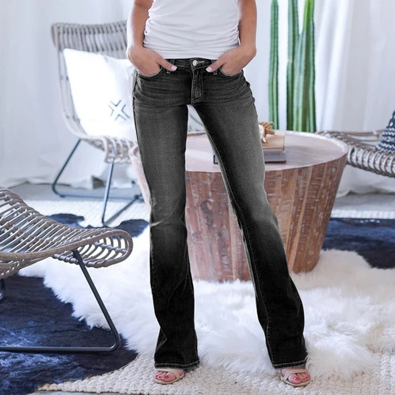 Женские джинсовые брюки-клеш Новые повседневные винтажные брюки стрейч с
