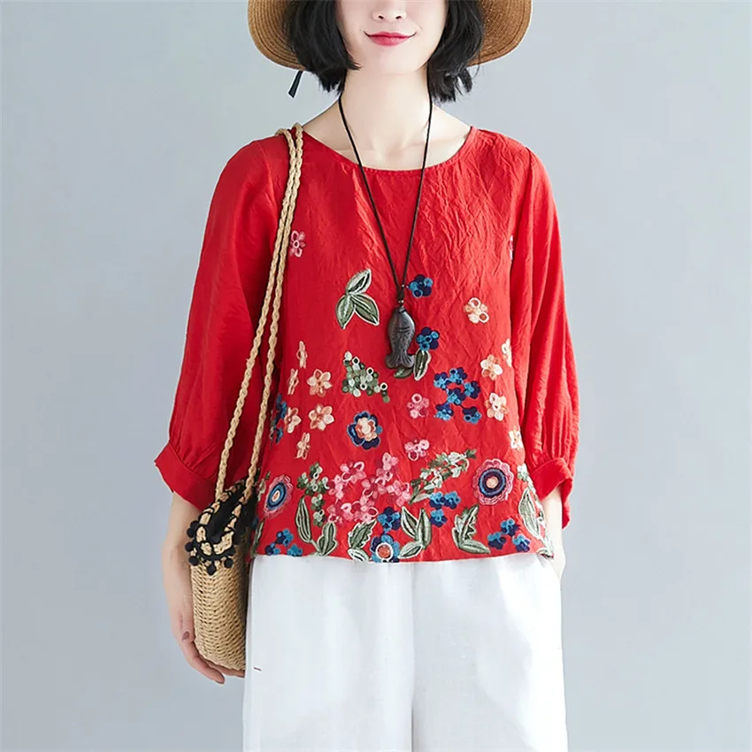 

Blusas Femininas 2021 Summer Women Blouse Shirt Mori Girl Flower Embroidery Cotton Linen Blouse Boho Vintage Tops Female