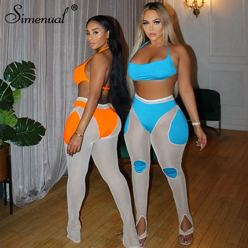 

Simenual Mesh Patchwork See Through Matching Sets Strap Backless Sexy Hot Skinny Clubwear Women Top And Pants 2 Piece Outfits