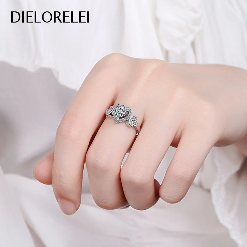 

DIELORELEI 925 пробы Серебряное кольцо с регулируемым сверкающим кристаллом в форме сердца и листьев для девушек, простое Предотвращение аллерги...