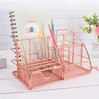 fashion iron mesh desk organizer pencil pen holder caddy with drawer for desk accessories home office school supplies rose gold