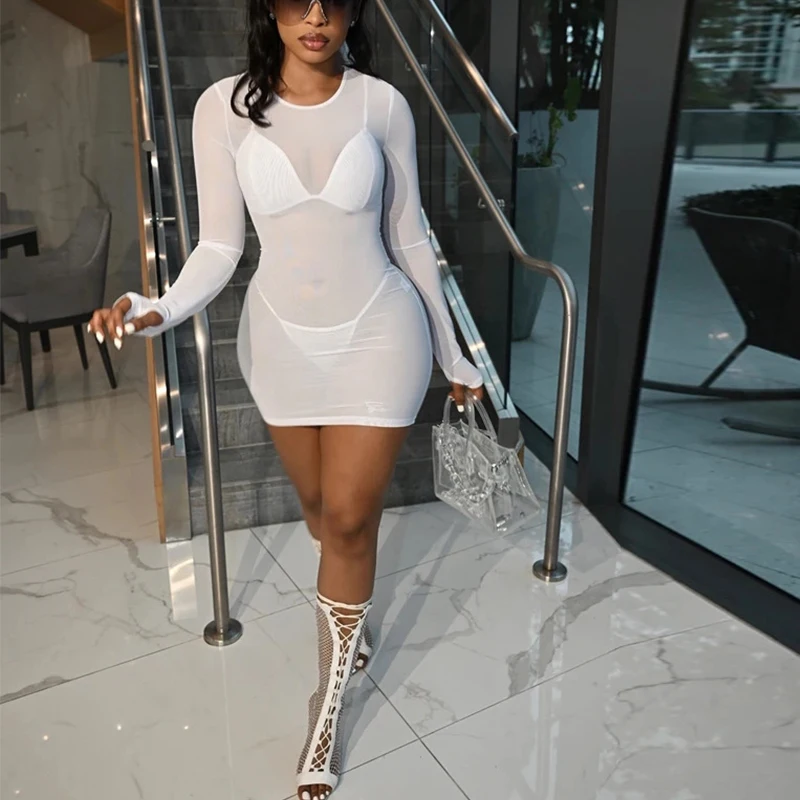 

See Through Women Mini Dress Solid Sexy Sheath Long Sleeve O-Neck High Stretchy Shaped Waist Streetwear Female Bodycon