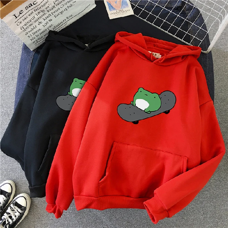 

Men Women Hoodies Skateboard Frog Print Oversized Sweatshirt Harajuku Pullover Drawstring Hooded Top Plus Size Winter Warm