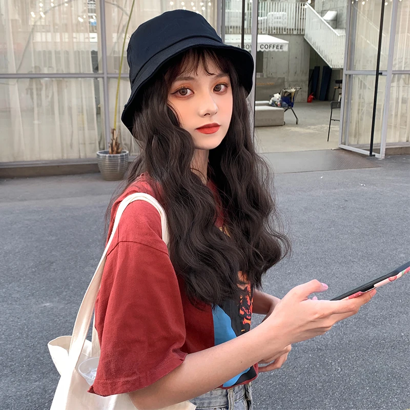 

LANLANFisherman головной убор парик натуральный черный/коричневый рябь воды средней длины парик естественное соединение синтетический головной у...