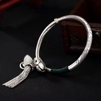 light luxury carp lotus natural hetian jade tassel foot silver bracelet female 990 silver bracelet push pull solid retro