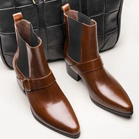 classical buckle belt pointed toe chelsea boots mens genuine leather retro ankle boots business man heighten shoes 5cm heels