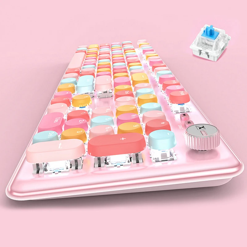 

Girl Pink Cute Mechanical Keyboard Punk VR Knob Version Macaron Dot Keycap 104 Key Ergonomic US Gaming Keyboard For PC Laptop