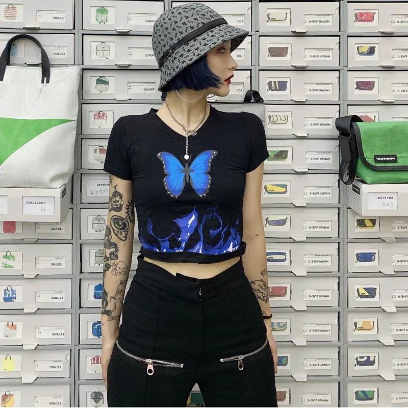Летняя уличная футболка в стиле ретро с бабочками Новые Топы короткими рукавами