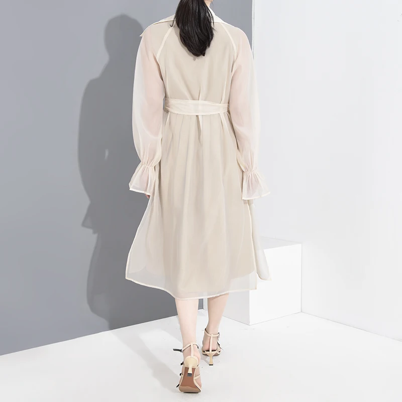 

[EAM] Women Apricot Split Joint Mesh Long Trench New Lapel Long Sleeve Loose Fit Windbreaker Fashion Tide Spring 2021 1R73404