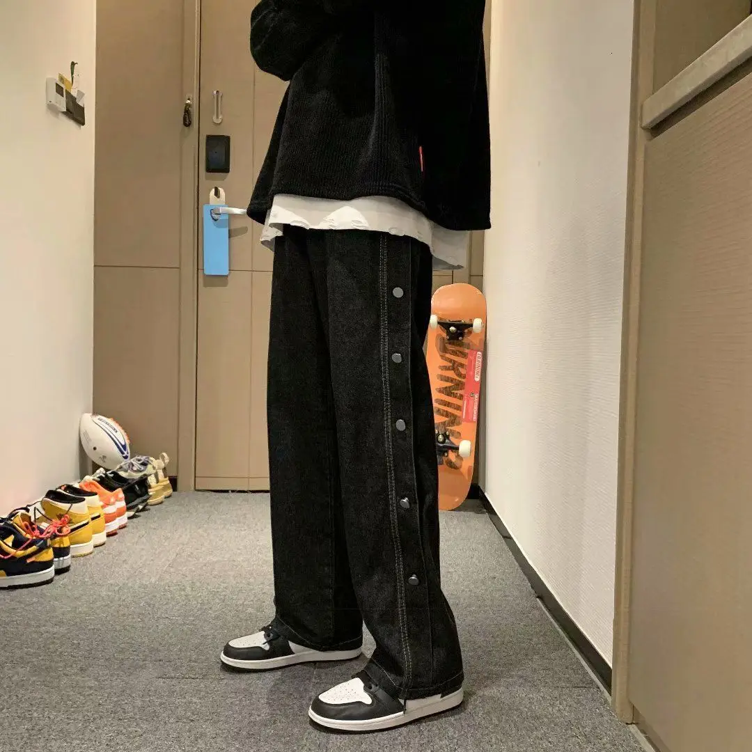 

High street jeans men fashion brand straight tube loose retro cashew flower pants handsome and falling feeling wide leg