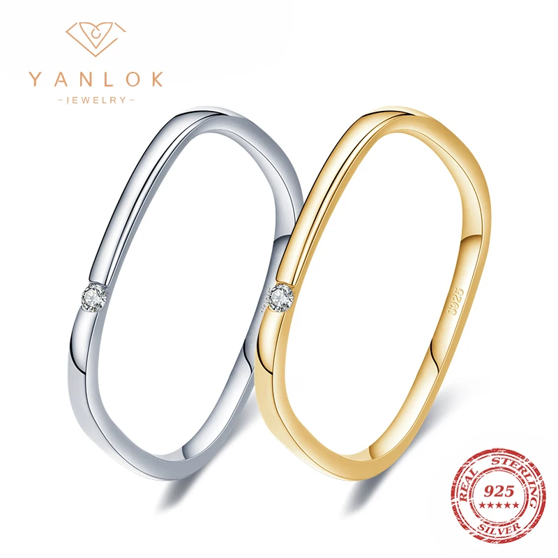 

YANLOK Genuine 925 Sterling Silver Slim Square Finger Ring For Women Tiny Shiny Clear Cubic Zirconia Fine Jewelry Gift