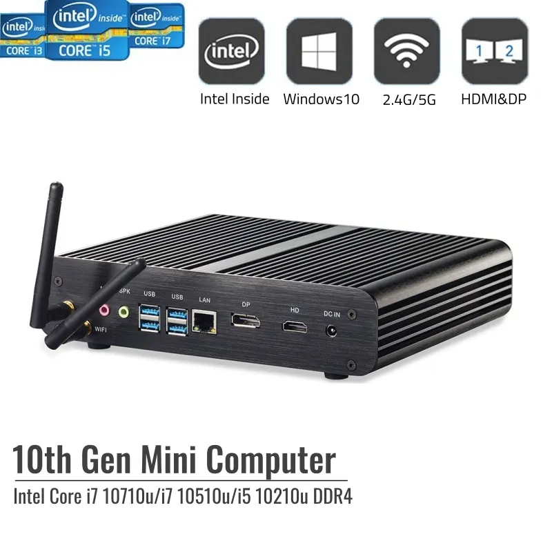 Bestellen 10th GEN Neue Fanless Mini Intel Core I7 10710U 10510U 8565U Desktop PC Windows 10 2 * DDR4 M.2 NVMe 4K HTPC Nettop HDMI DP AC WIFI