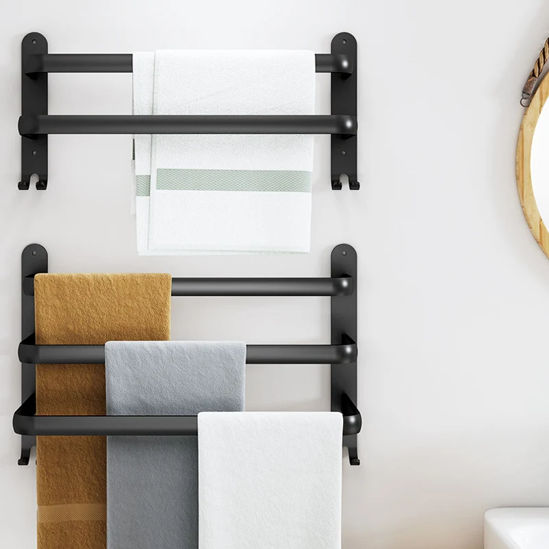

Punch-free Layer 1/2/3 Towel Rack Bathroom Space Aluminum Black Towel Rack With Hooks Towel Bar Slipper Self Wall Mount Hanger
