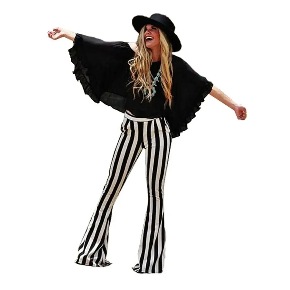 

Women Striped High Waist Flare Wide Legging Trousers Bell Bottom Yoga Long Pants Casual XR-Hot
