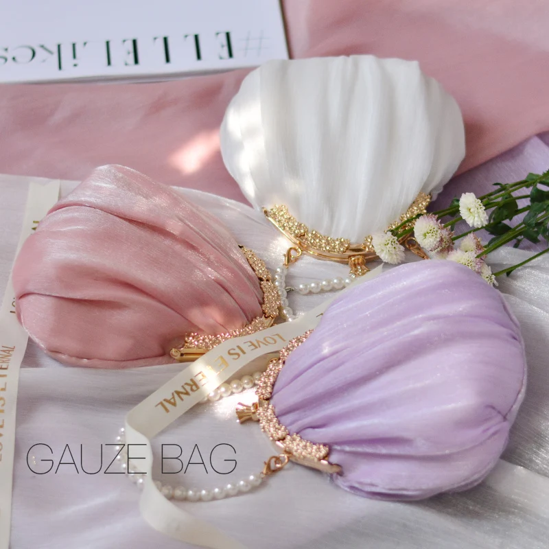

Handmade Stunning Gauze Bag With Pearl For Evening Clutch Bags For Wedding Party White Violet Solid Color