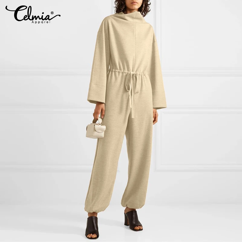 

Women's Fashion High Waist Jumpsuits Celmia 2021 Autumn High Collor Knitted Long Rompers Casual Loose Drawstring Waist Overalls