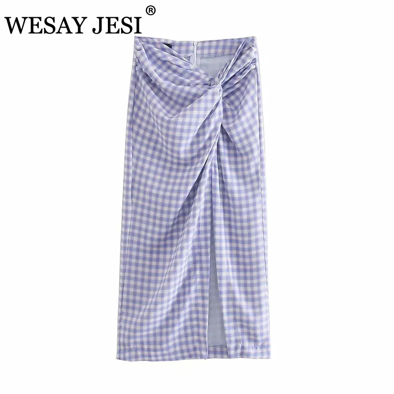 

WESAY JESI Skirts TRAF ZA 2021 New Women High-Waisted Skirt Vintage Woman Clothes Chic Sweet Plaid Print Elegant Knotted Skirts