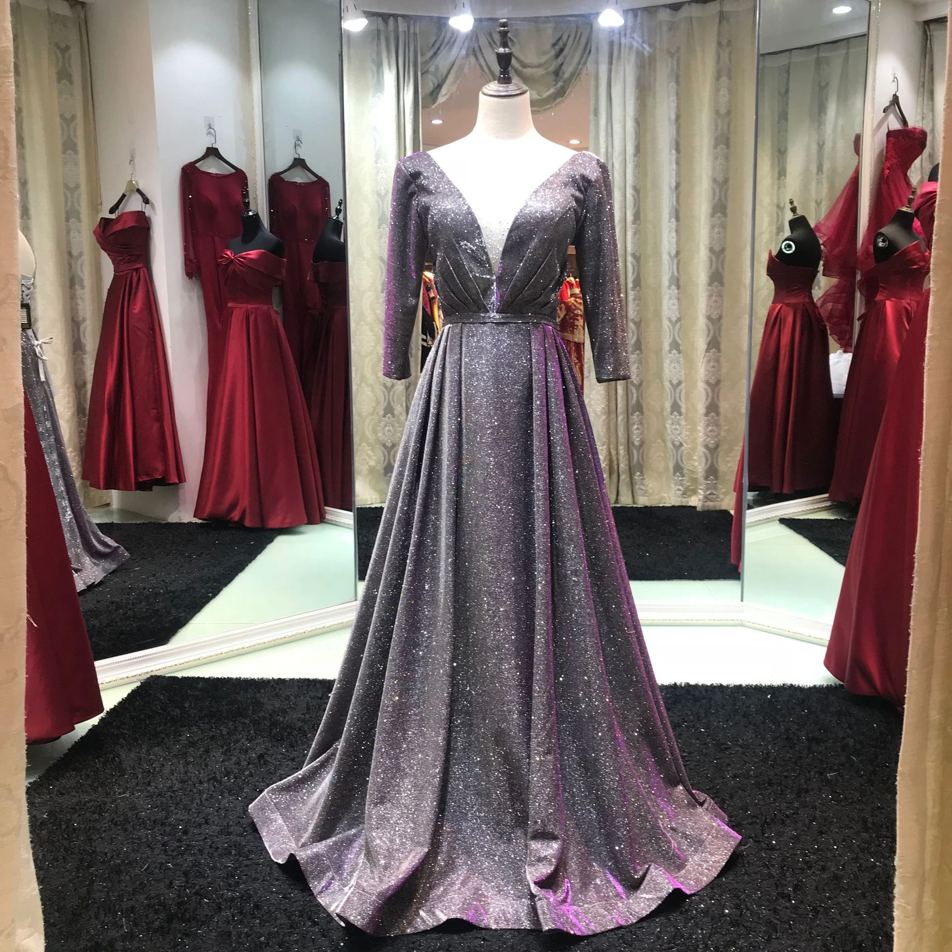 

Серебристо-серое платье, сексуальные кружевные вечерние платья до пола с круглым вырезом и длинным рукавом, платья для выпускного вечера