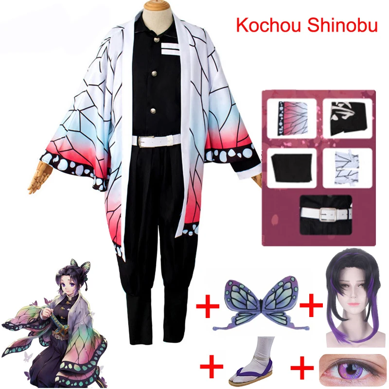 

Anime Demon Slayer Kimetsu no Yaiba Kochou Shinobu Full Cosplay Including Shoes Wig Butterfly Headdress Cosmetic Contact Lenses