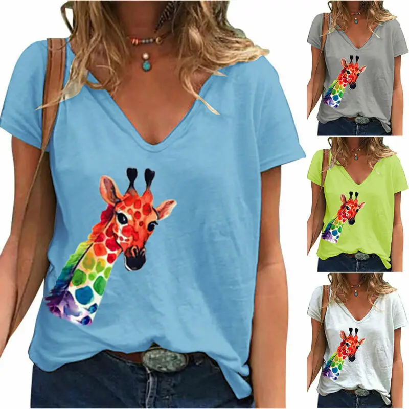

Women Short Sleeve Giraffe Print T-Shirt Casual Tee Shirt Tops Blouse Plus Size