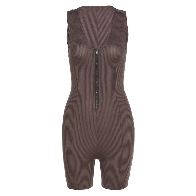 

Women Ribbed Sexy Romper Jumpsuit Sleeveless V Neck Zipper Mini Playsuits Female Sexy Skinny Stretch Fitness Club Wear Summer