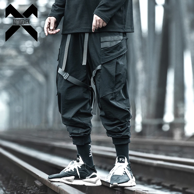 

11 BYBB'S DARK Cargo Pants Streetwear Fashion Men Black Joggers Tactics Casual Pencil Pant Trousers Male Pocket Ribbon BB63