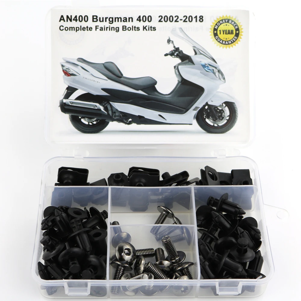 

Подходит для мотоцикла Suzuki AN400 Burgman 400 2002-2018, полный комплект болтов для обтекателей, клипсы для обтекателей, гайки, винты для кузова, сталь.
