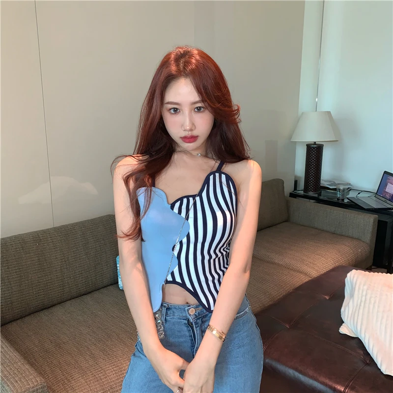

iMucci Women short Tops sexy Fashion 2020 New Stitching Striped Irregular Sleeveless bralettes Camisole Tide TM2324
