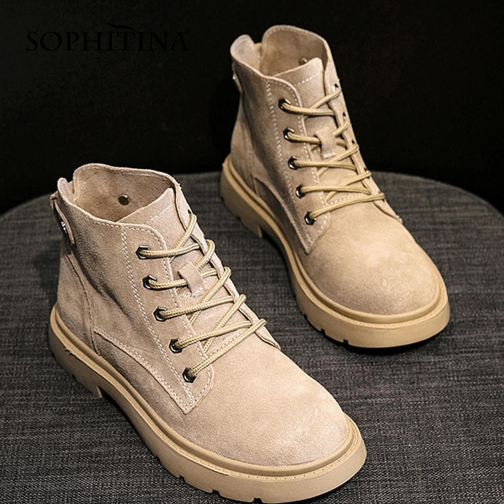 Beli Sepatu Bot Wanita SOPHITINA Kulit Sapi Gaya Inggris Sepatu Modis Pendek Berenda Sepatu Bot Pergelangan Kaki Wanita Baru Buatan Tangan Antiselip Datar HO538